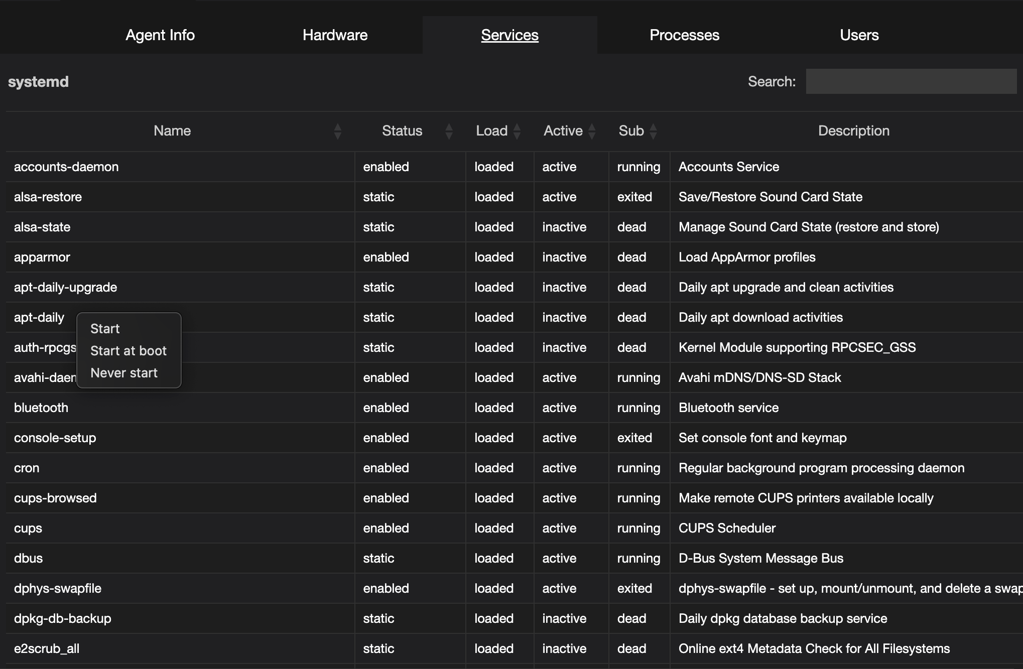The Services tab, listing the services and daemons on the host