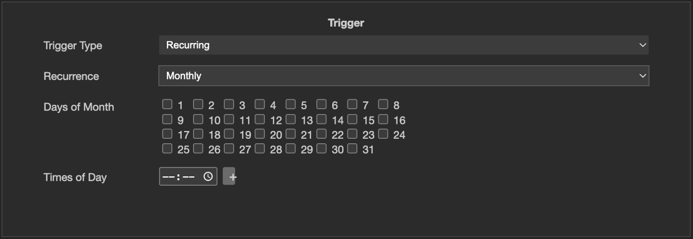 The Trigger section of the Add Batch dialog, choosing when the batch runs