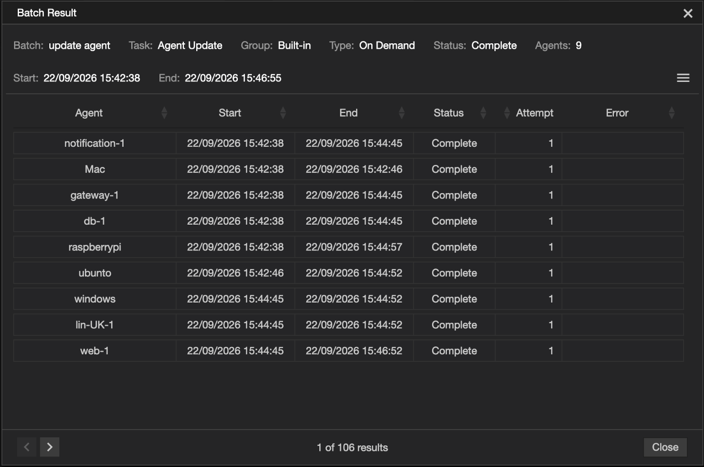 A batch's results, with each run recorded separately