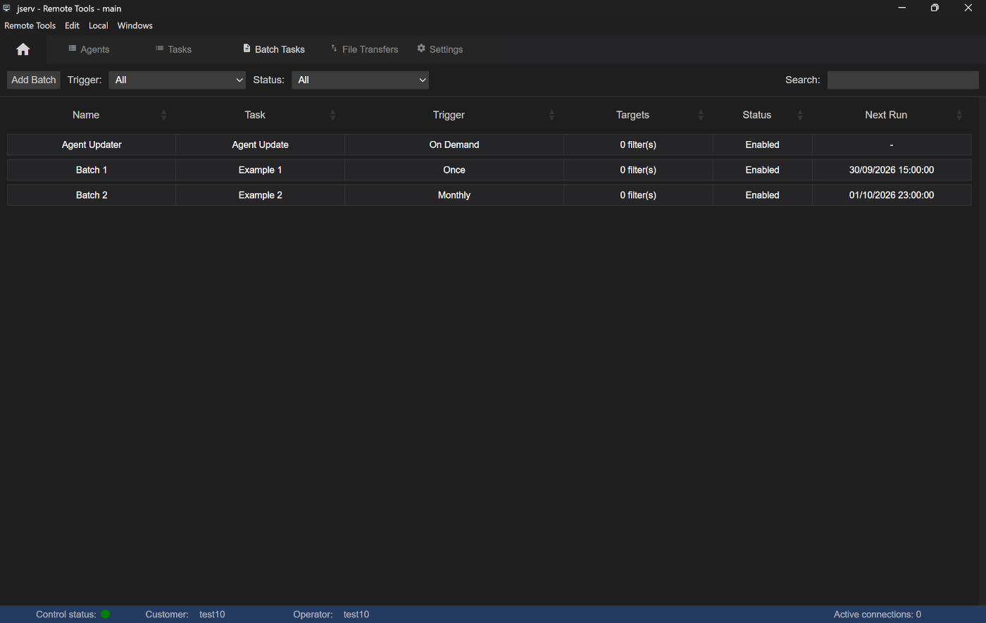 The Batch Tasks view in the Home menu