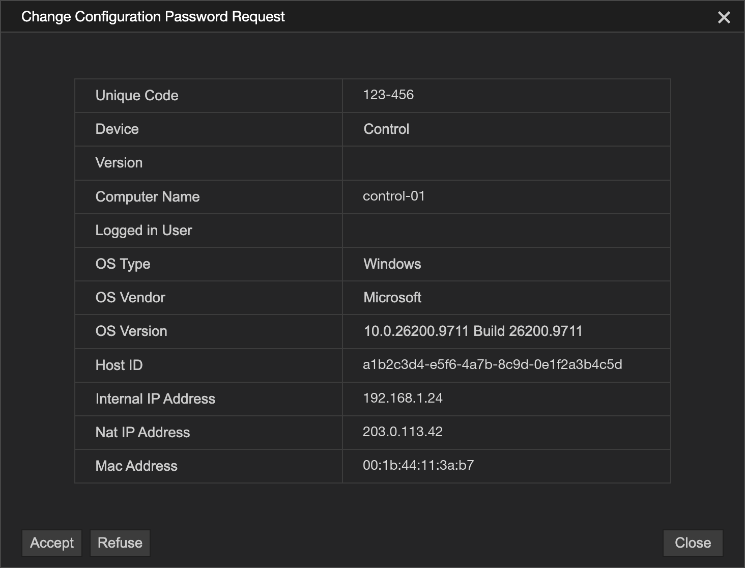 The approval request as it appears on the approving control