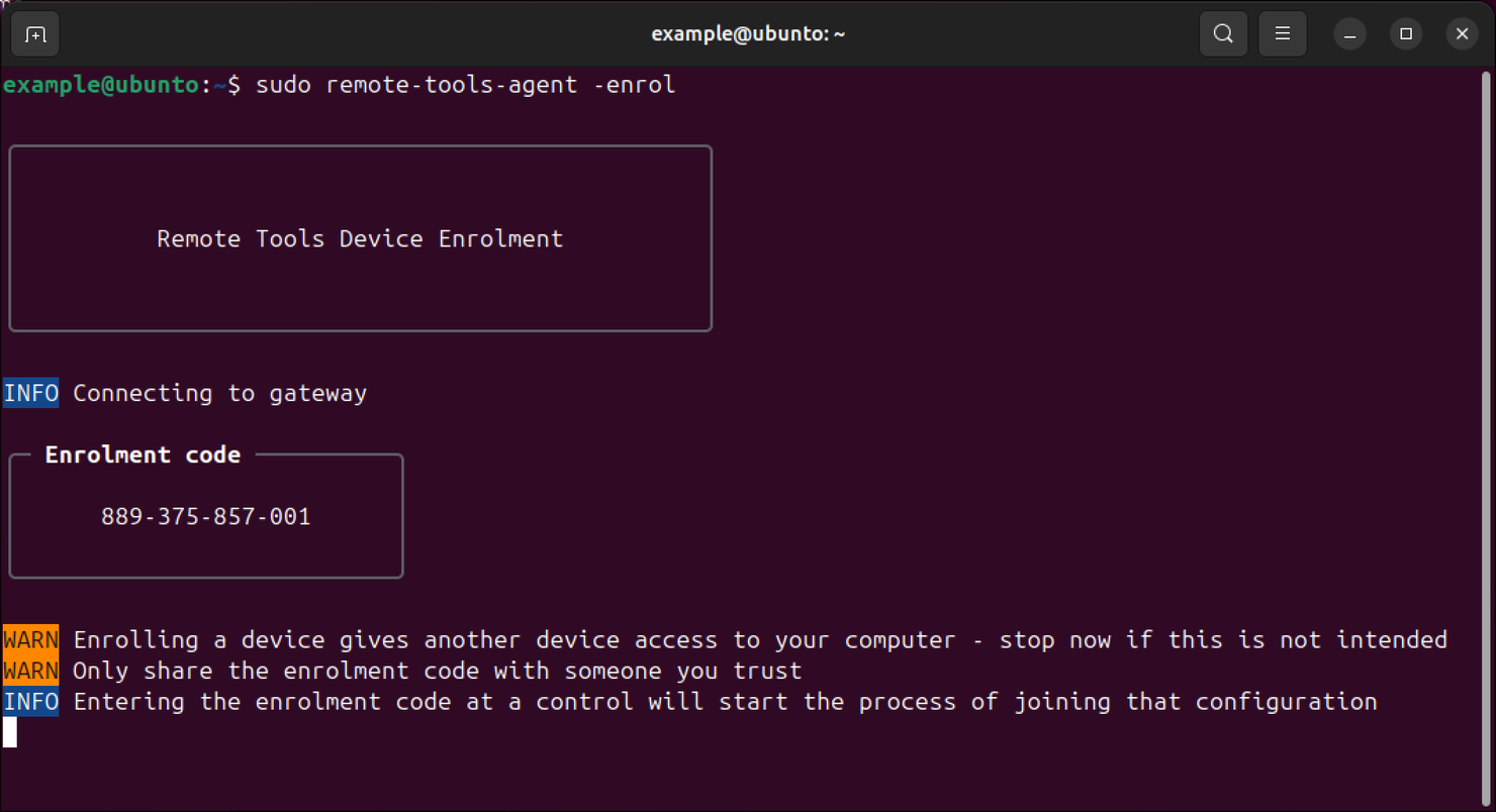 The enrolment code shown by the agent on Linux