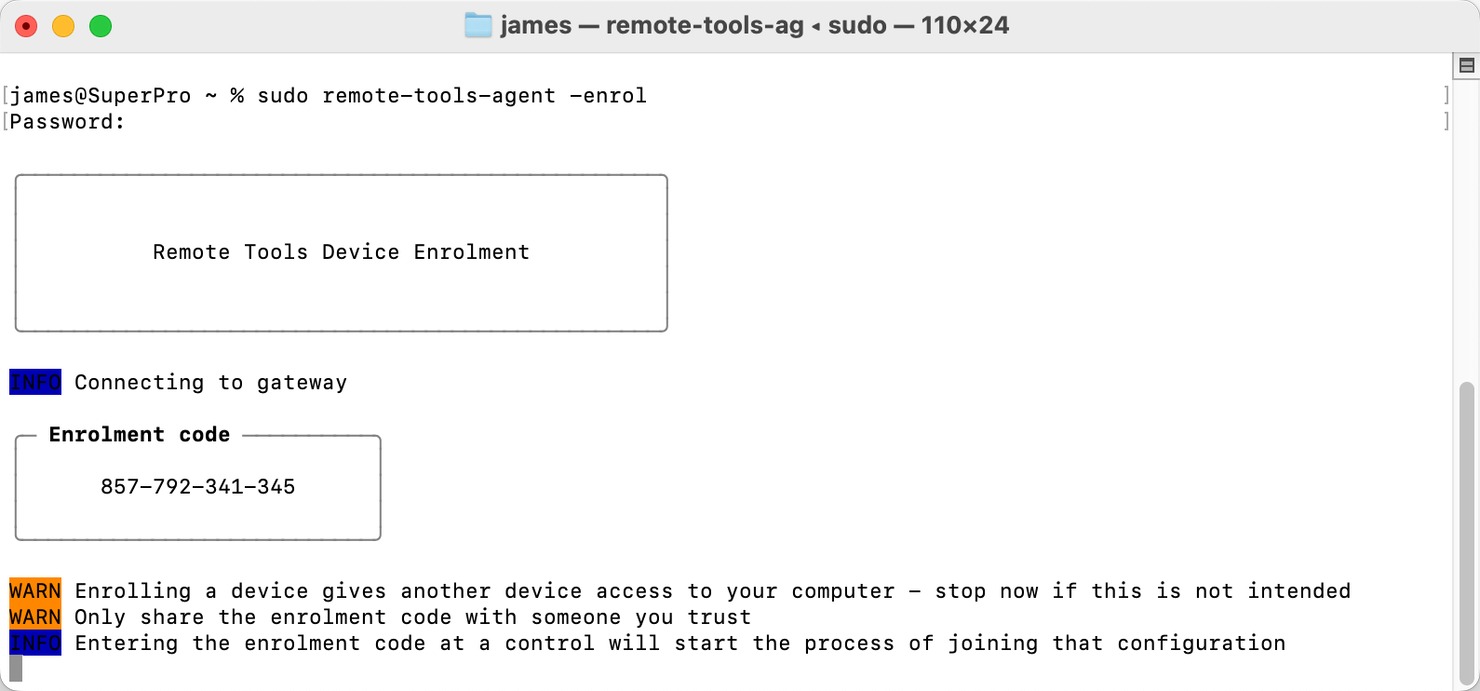 The enrolment code shown by the agent on macOS