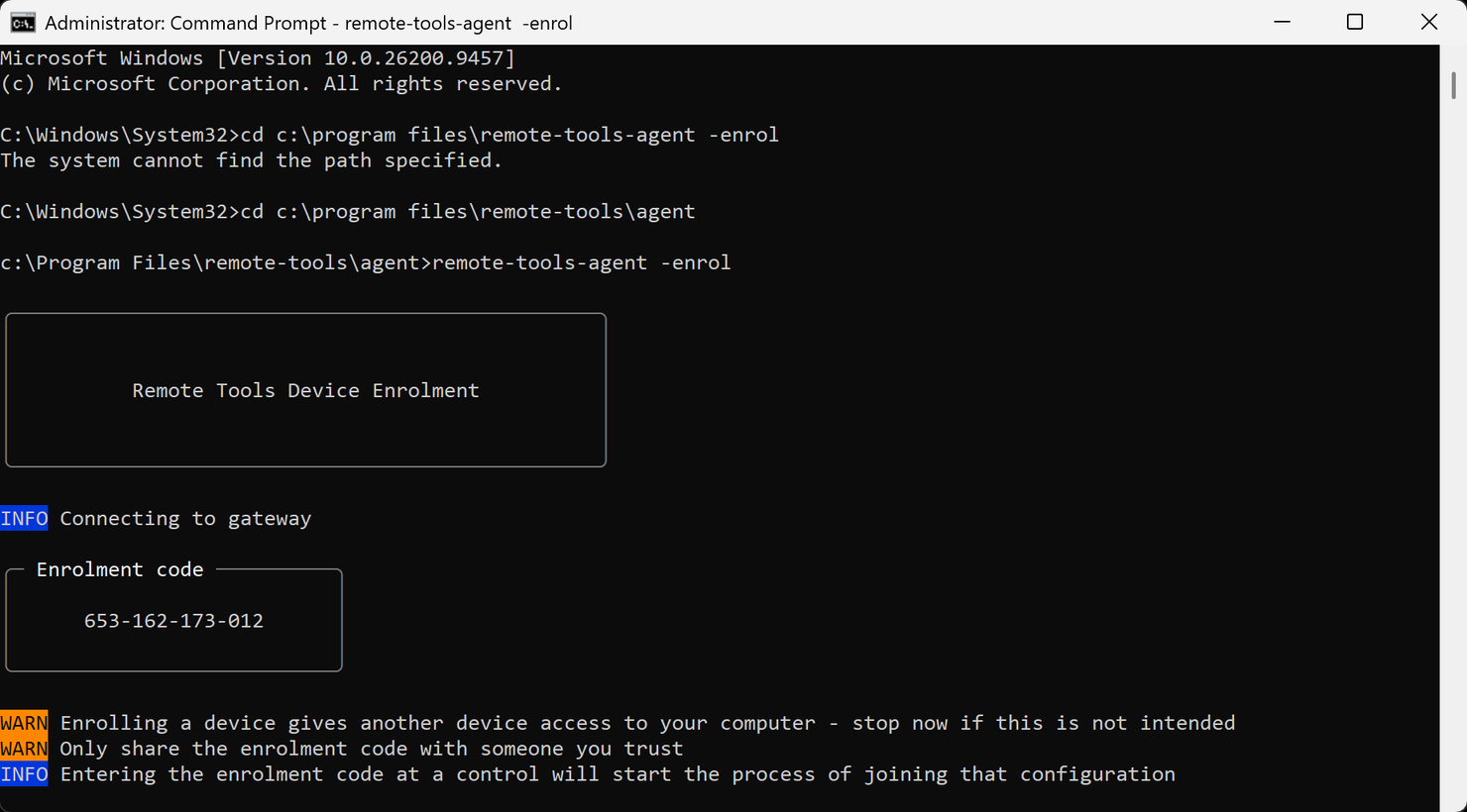 The enrolment code shown by the agent on Windows