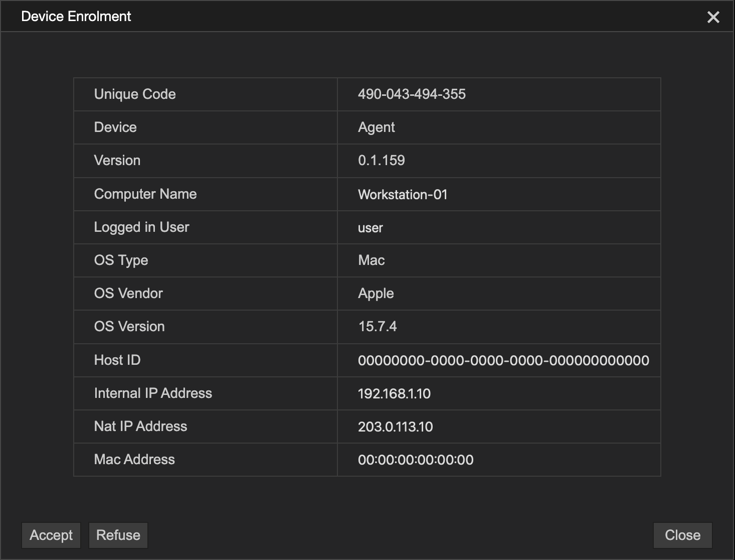 Accepting an enrolment request on the control