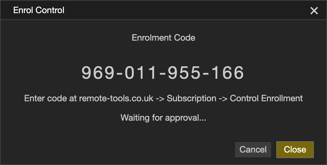 The enrolment code displayed on the first control