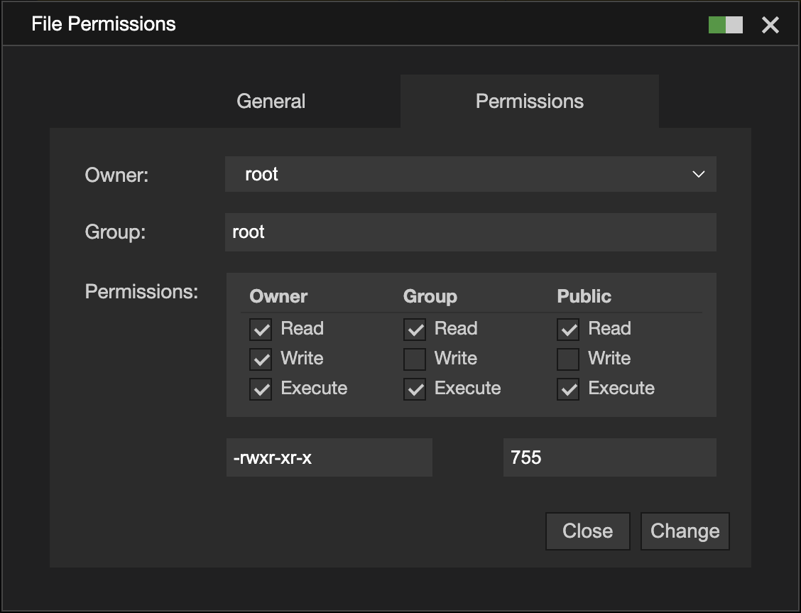 The Properties dialog, showing a file's permissions