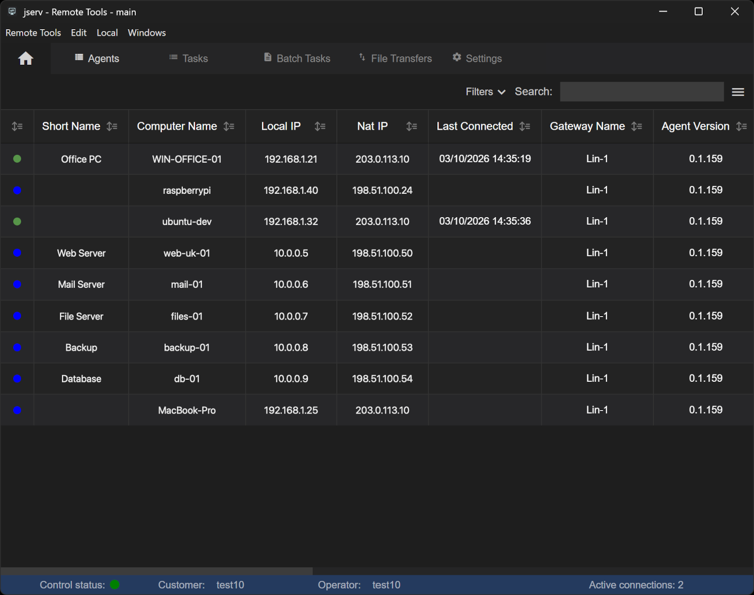 The main window, with the agents list and the details of each agent