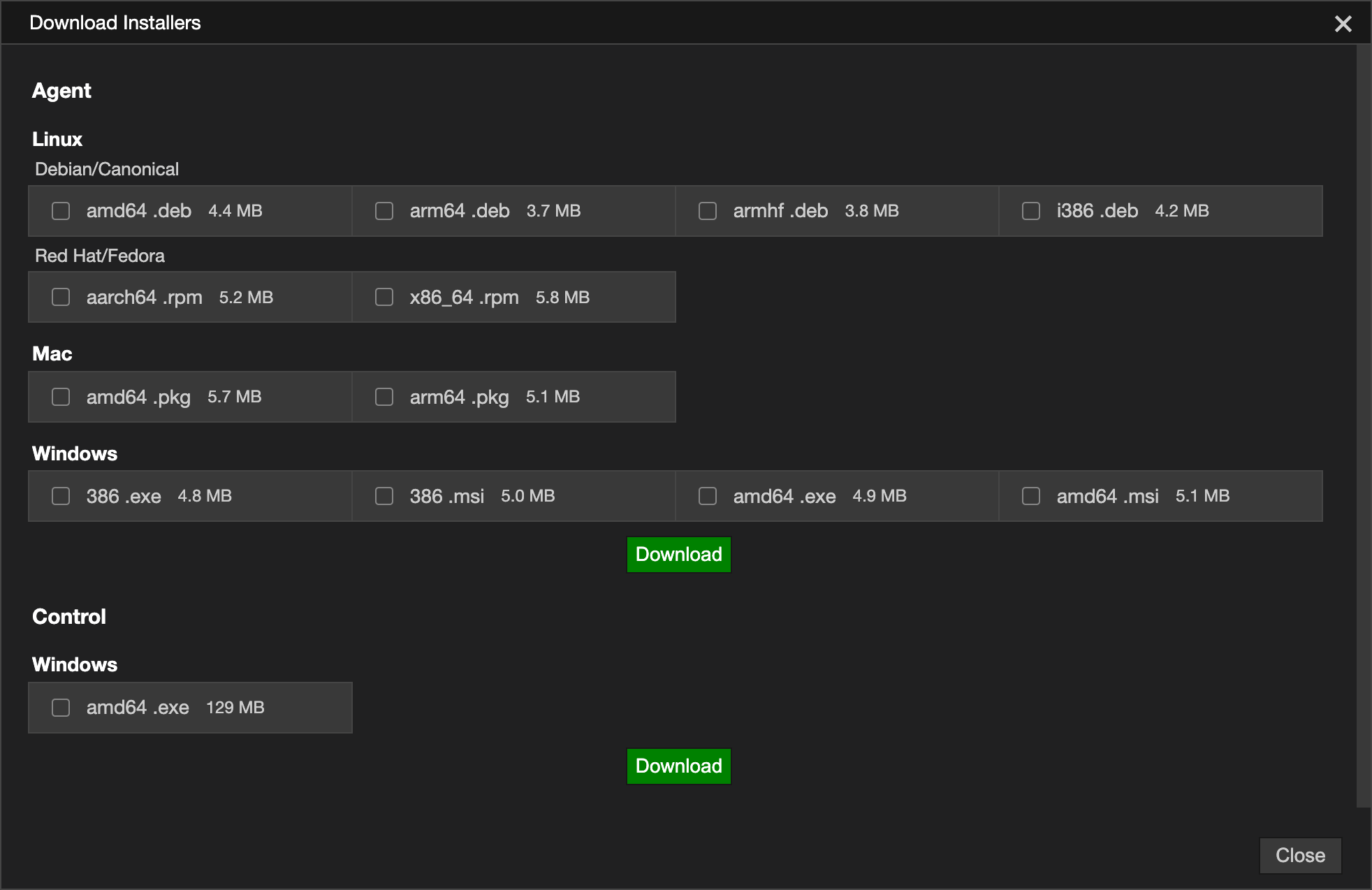 The Downloads section of the control, listing the available installers