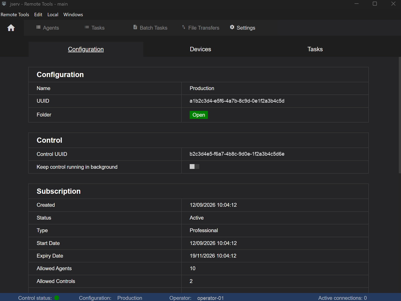 The Configuration tab of Settings, showing the subscription, gateway and program versions