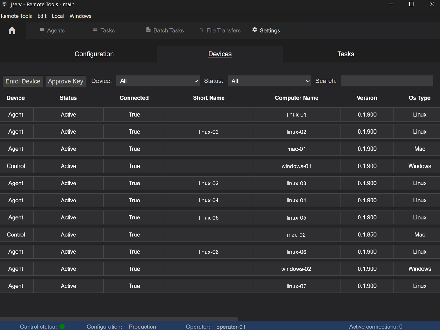 The Devices tab of Settings, listing the enrolled devices