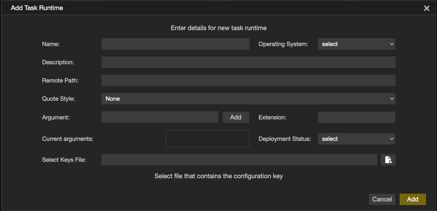 Adding a runtime in the Tasks settings