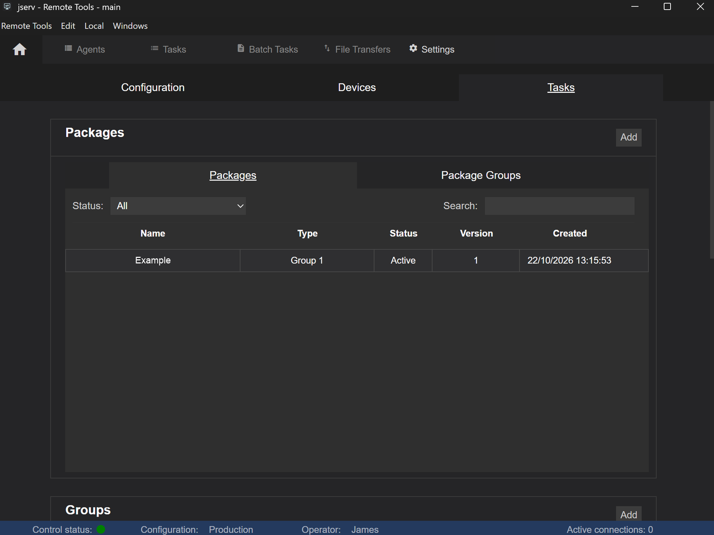 The Tasks tab of Settings