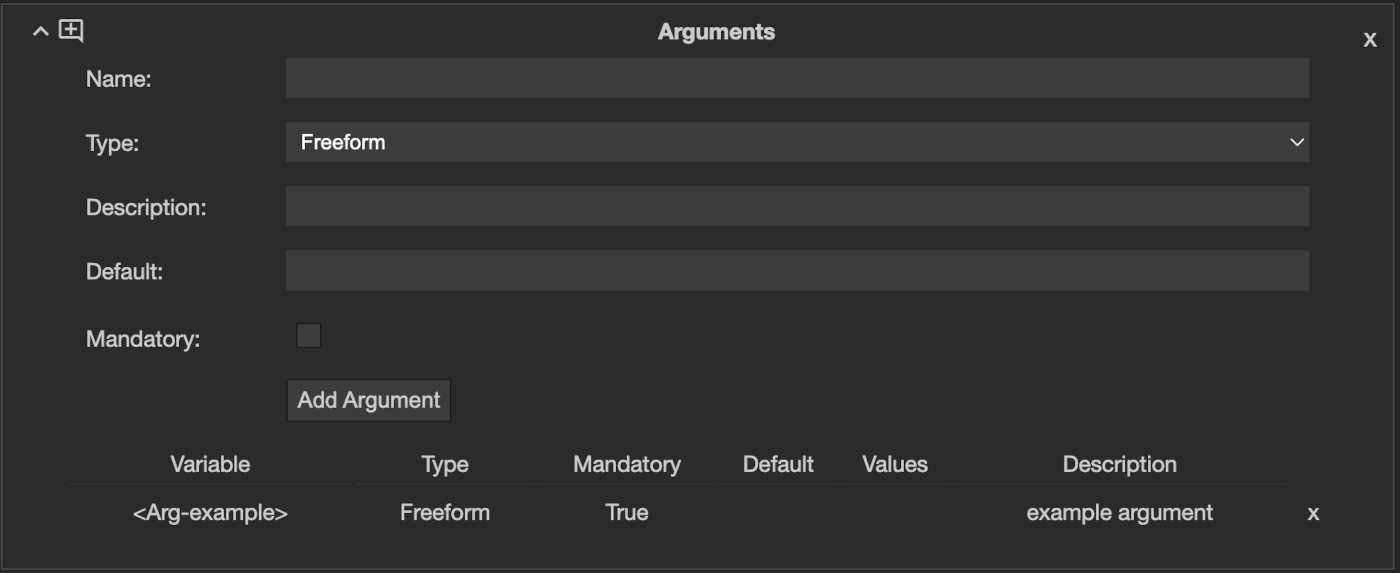 An Arguments action, declaring the values a task needs from the operator