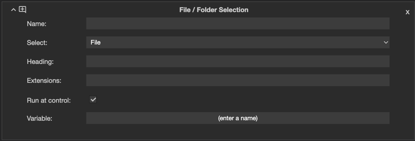 A File or Folder Selection action, asking the operator to choose when the task runs