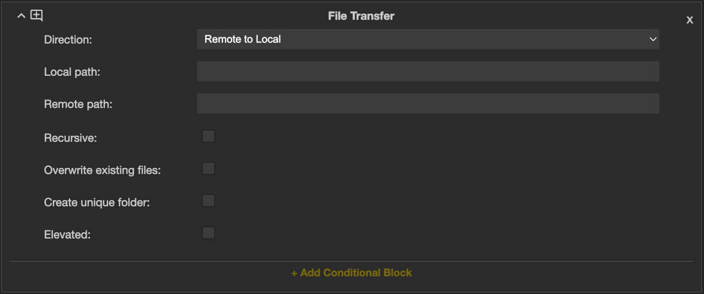 A File Transfer action, copying files between the control and the agent