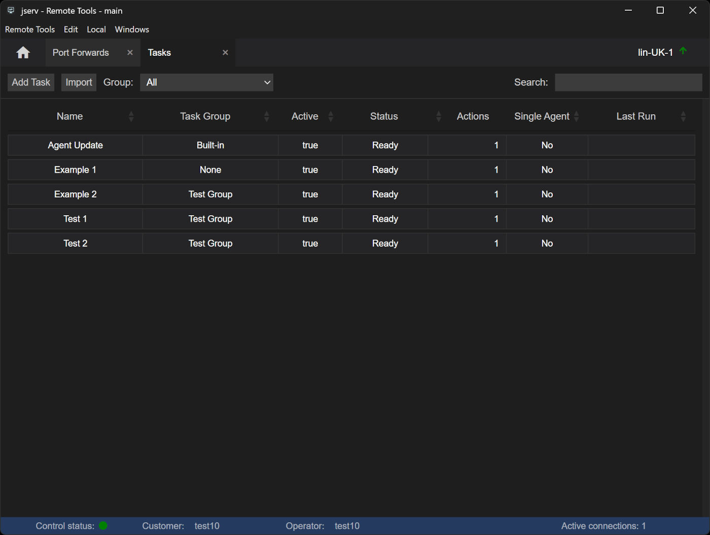 The Tasks view, listing global tasks with search and group filters