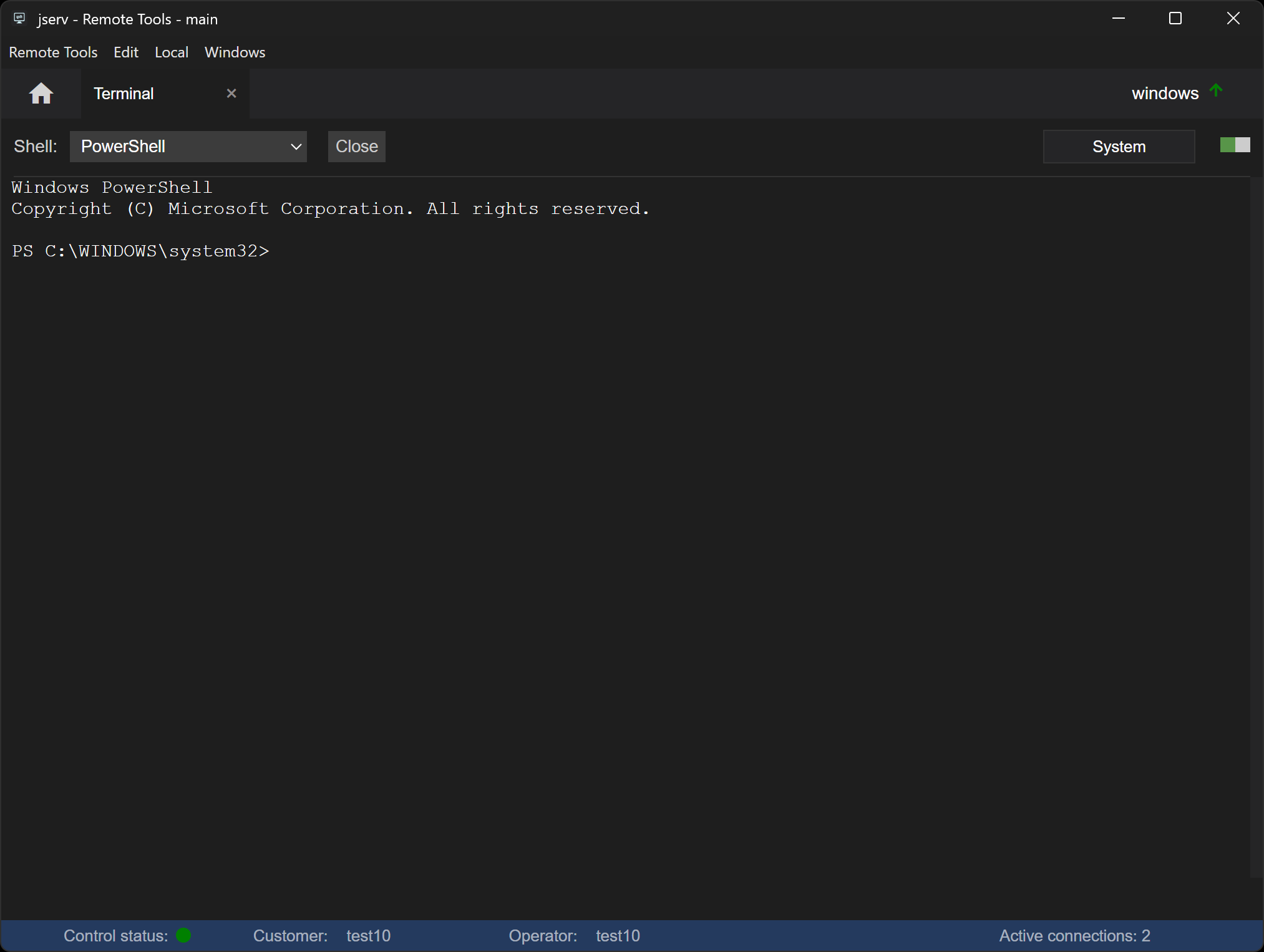 The Terminal function, with an interactive shell at the agent