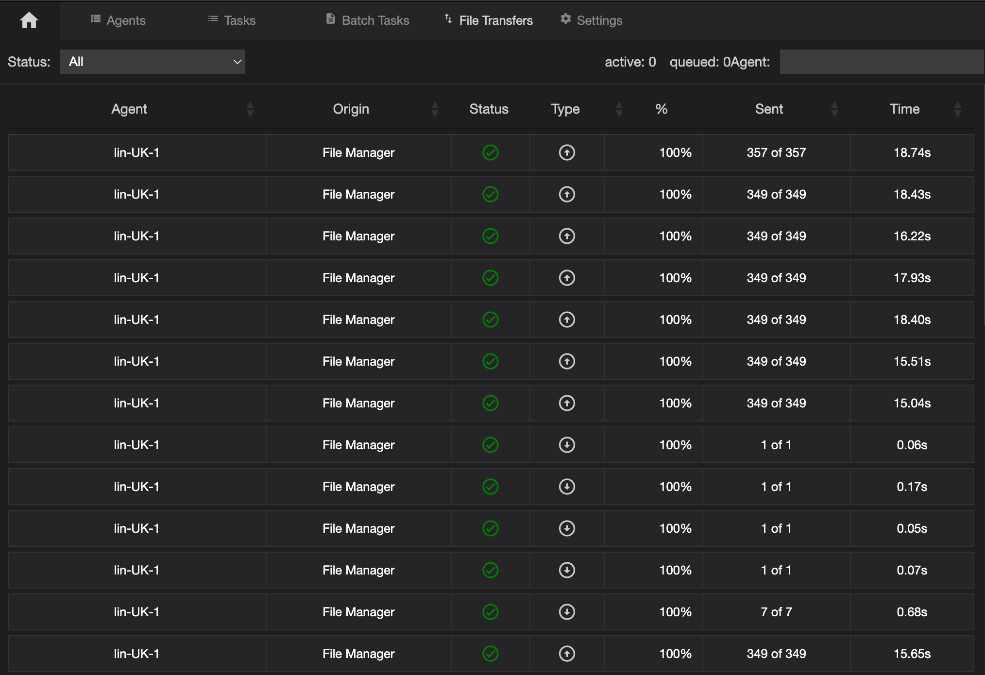 The File Transfers view, listing recent transfers