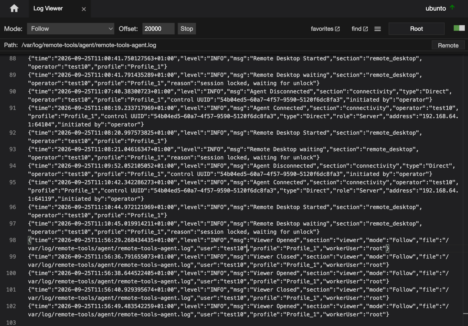 The Log Viewer, streaming a text file from the agent